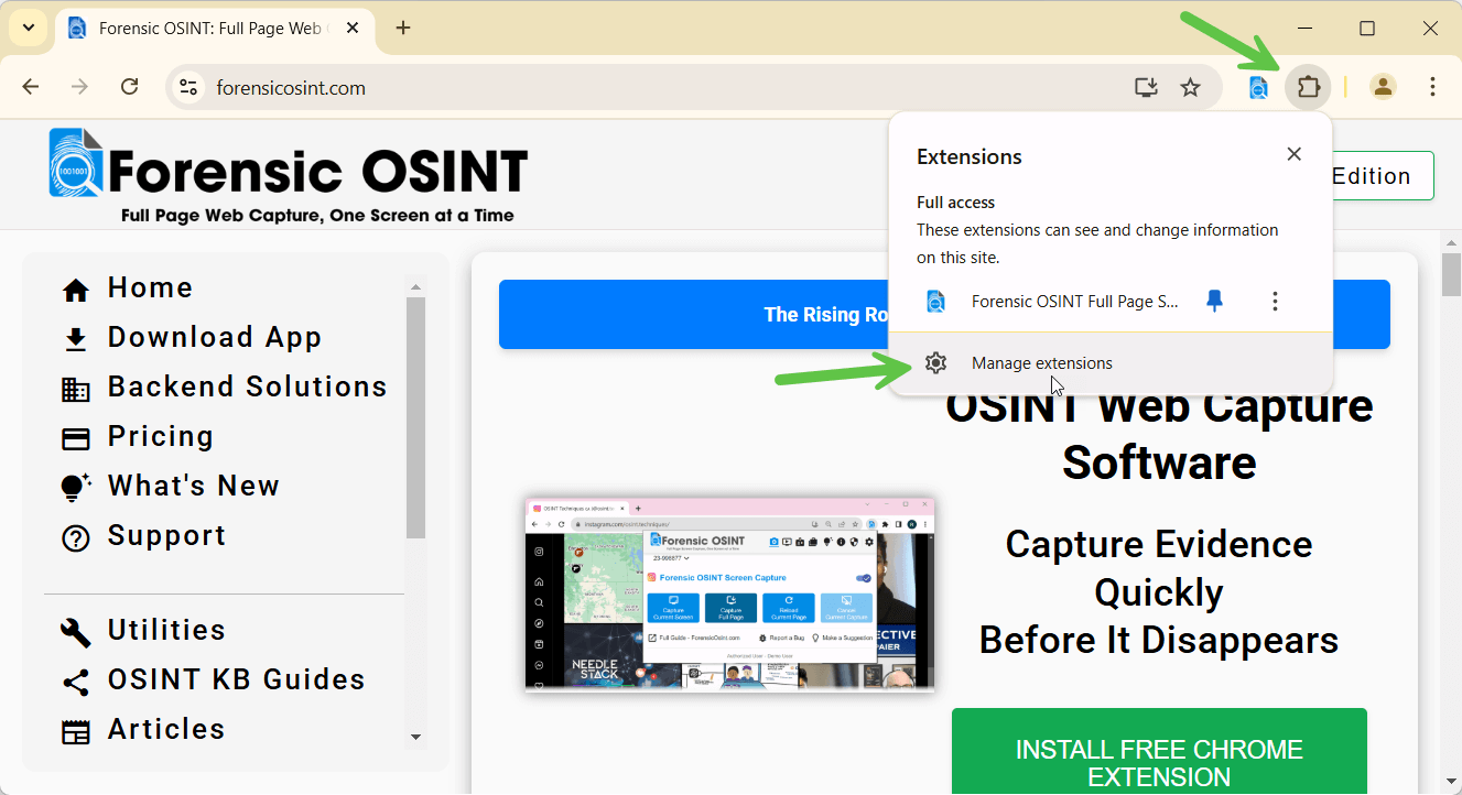 Accessing Chrome Extensions through the menu