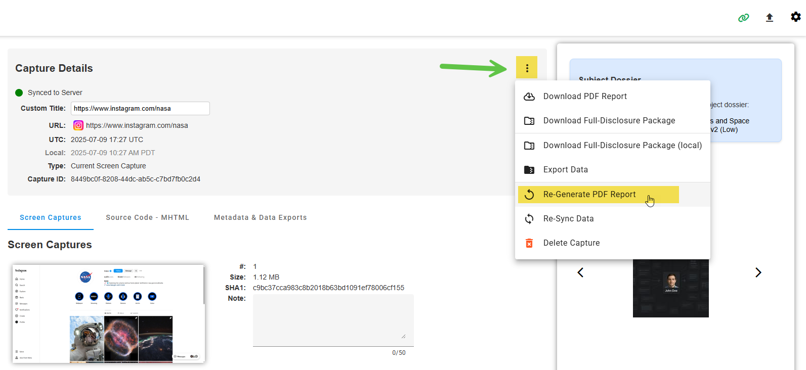 Click to view larger image Regenerate PDF Report menu option