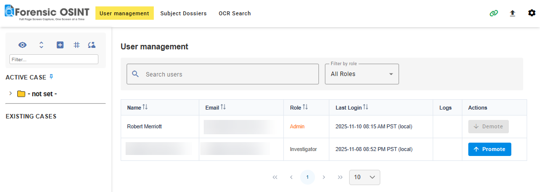 Click to view larger image User Management in Forensic OSINT CMS