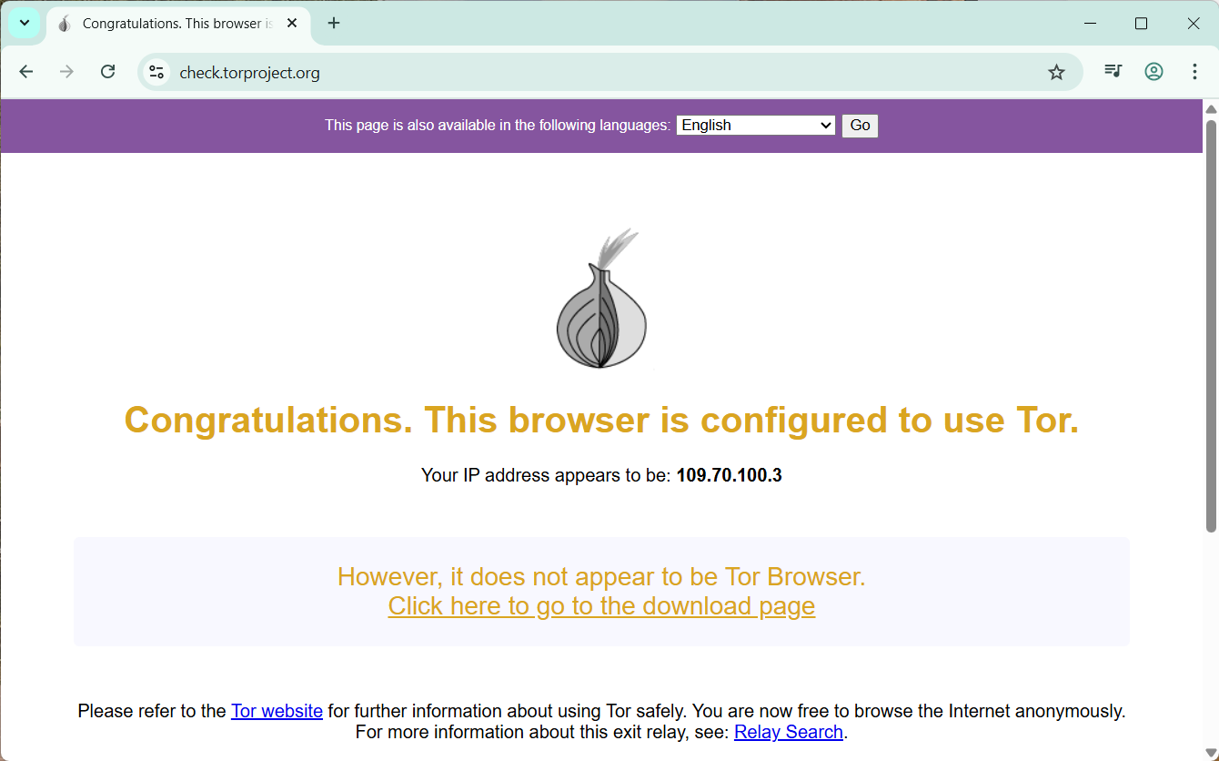 Chrome window showing the check.torproject.org 'Congratulations' message — caption: 'You are using Tor!'