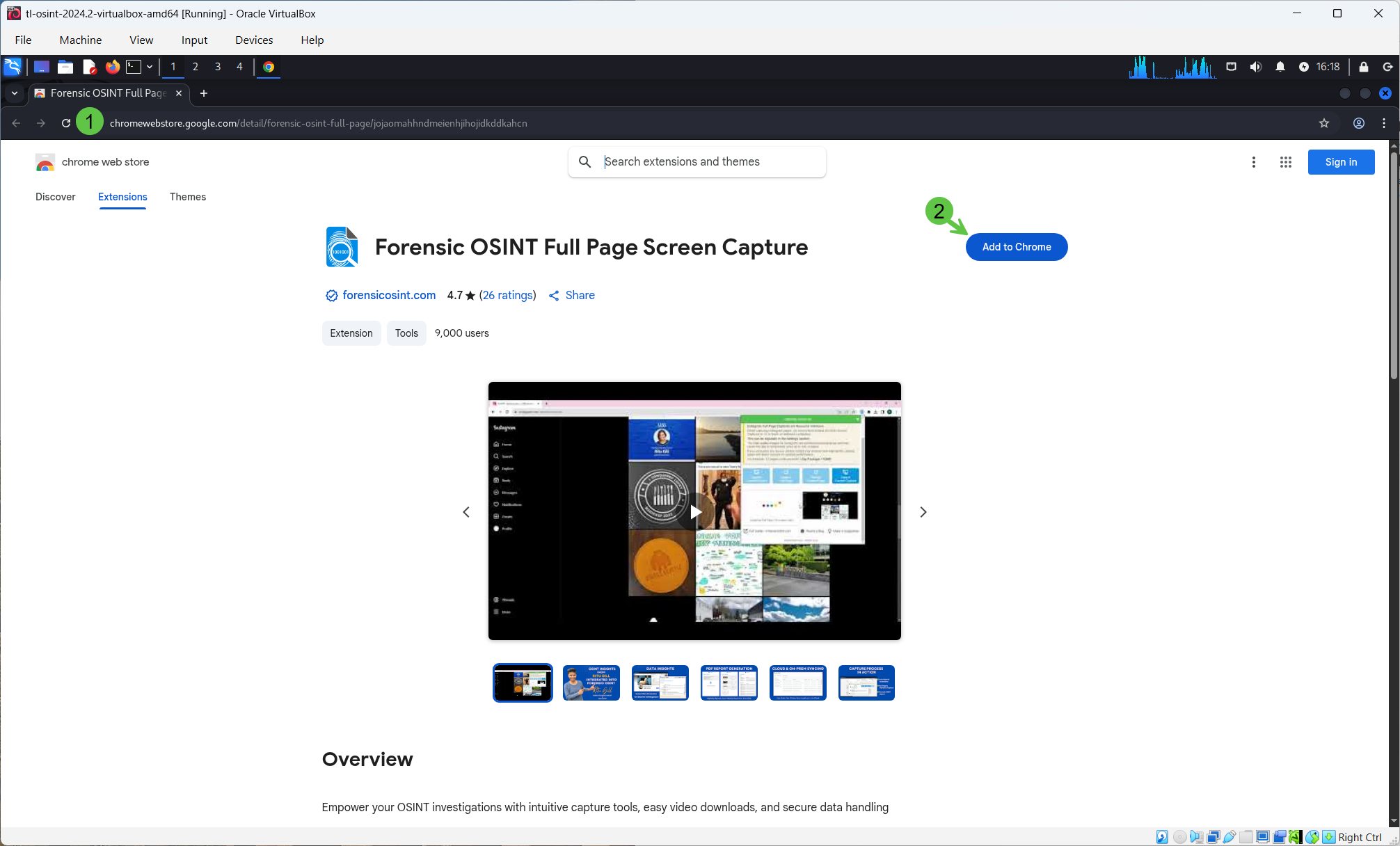 Forensic OSINT extension page in the Chrome Web Store with the 'Add to Chrome' button highlighted.