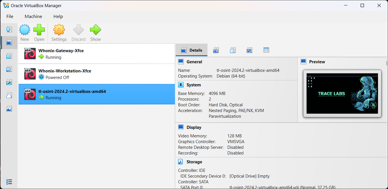 VirtualBox Import dialog for Trace Labs OSINT VM OVA file — caption: 'Import the Trace Labs OSINT VM OVA into VirtualBox.'