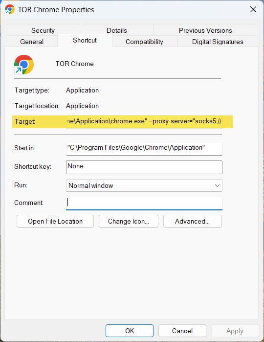Windows Chrome shortcut Properties → Target field showing the flags appended.