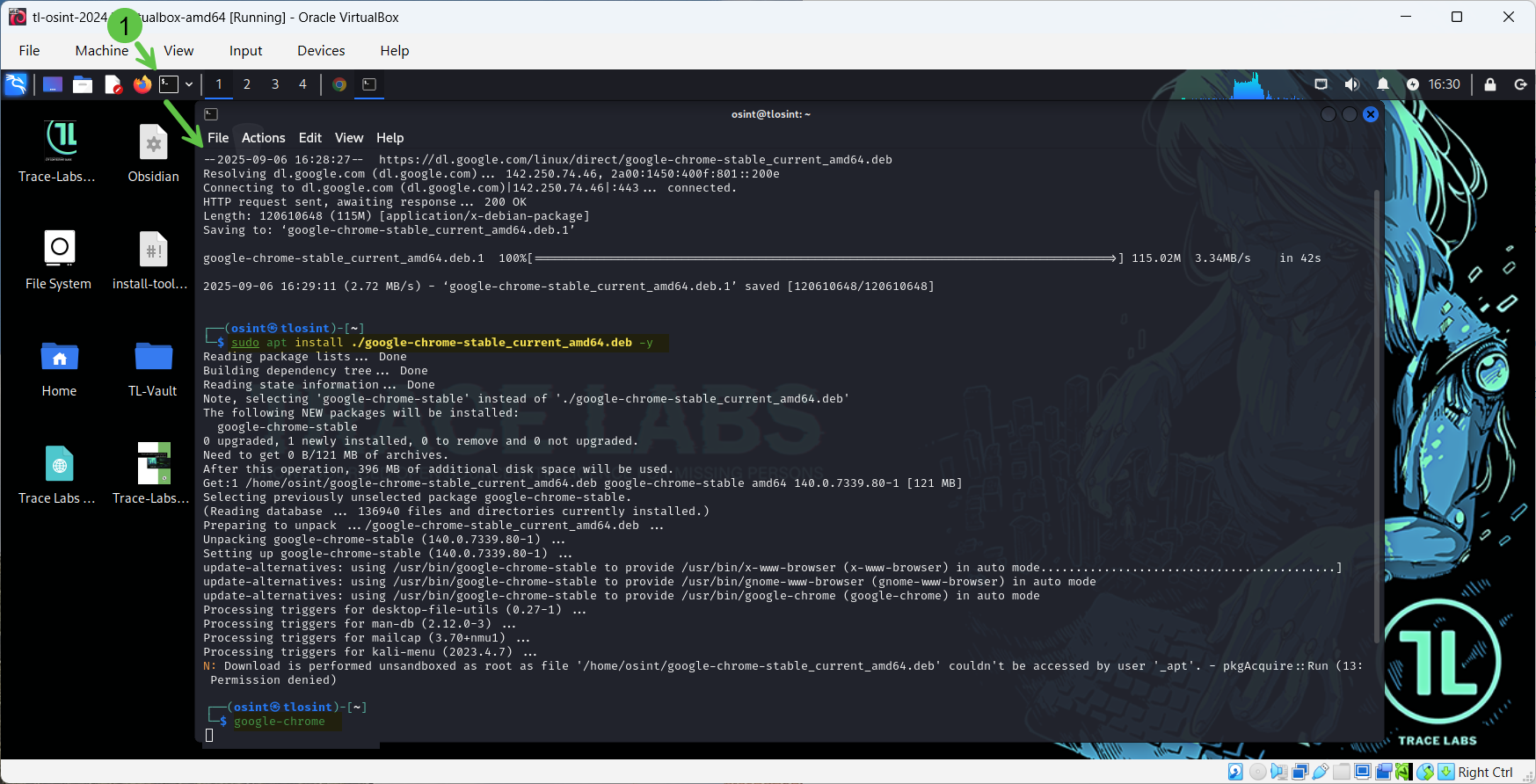 Trace Labs VM terminal showing the wget command to download Google Chrome.