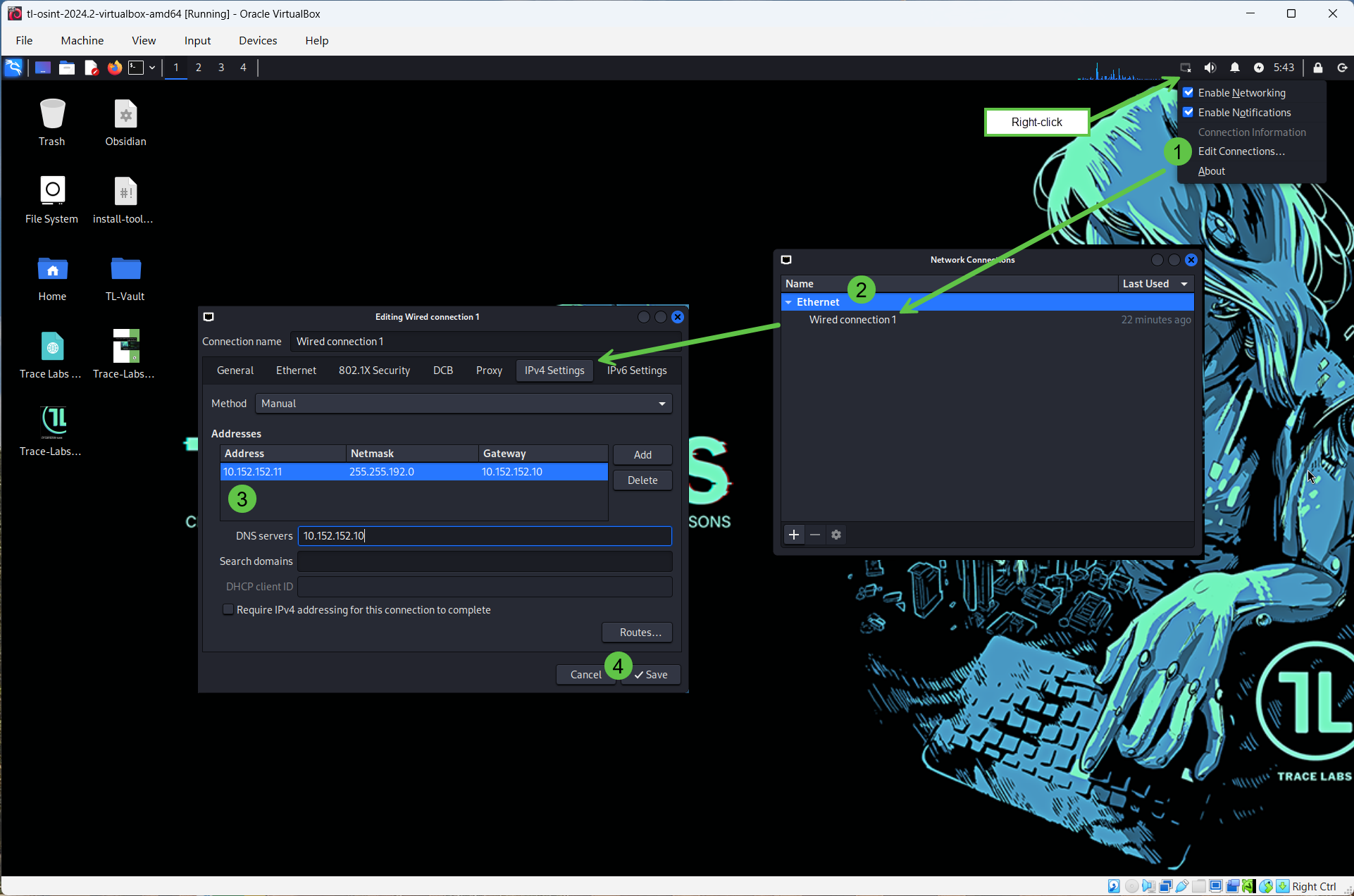Trace Labs VM Network settings showing Adapter 1 = Internal Network (Name: Whonix).