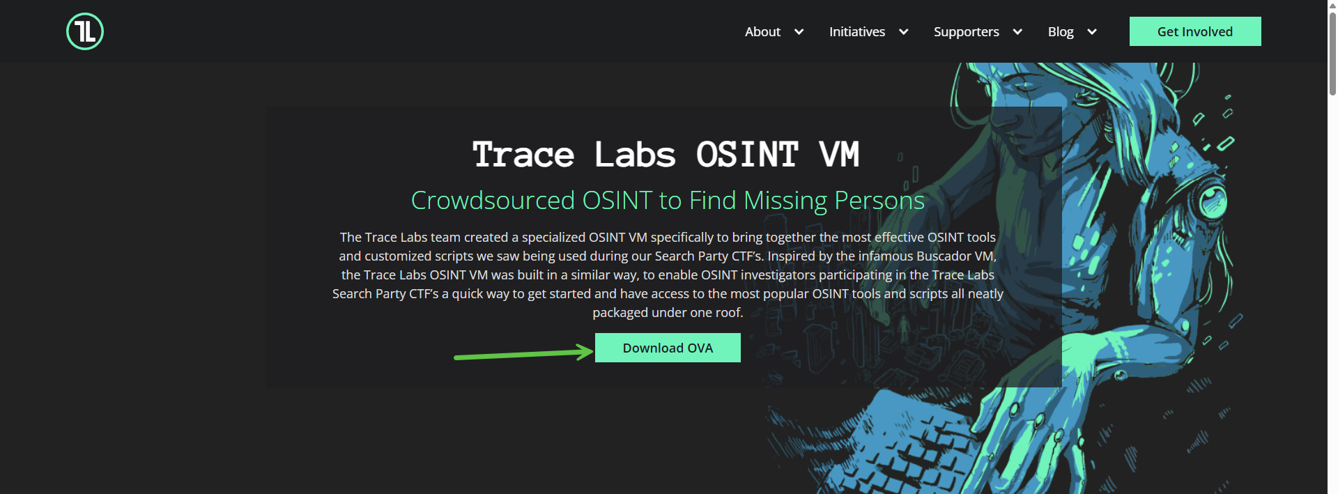 Trace Labs OSINT VM download page — caption: 'Download the Trace Labs OSINT VM and import it into VirtualBox.'
