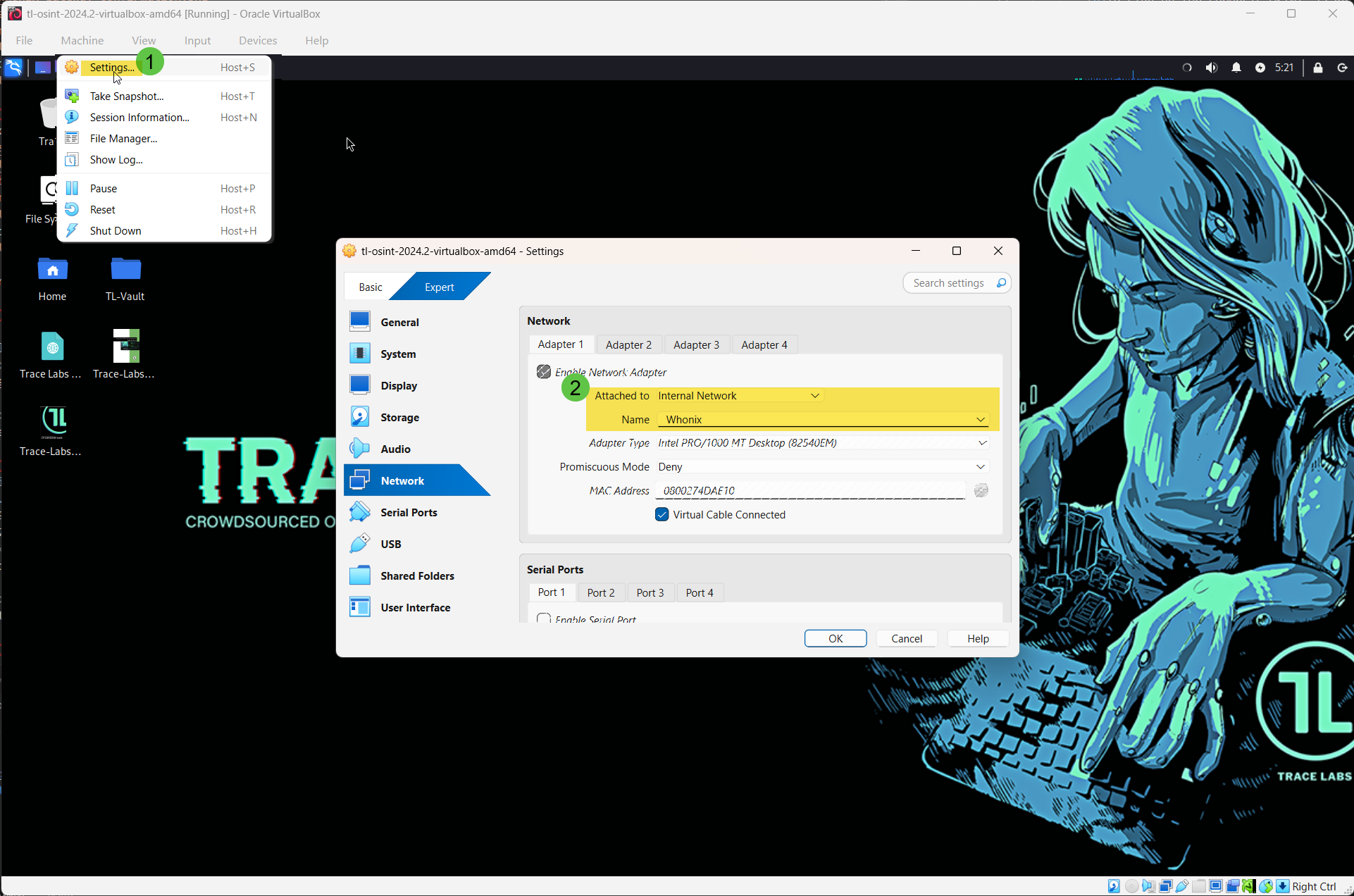 Trace Labs VM Network settings showing Adapter 1 = Internal Network (Name: Whonix).