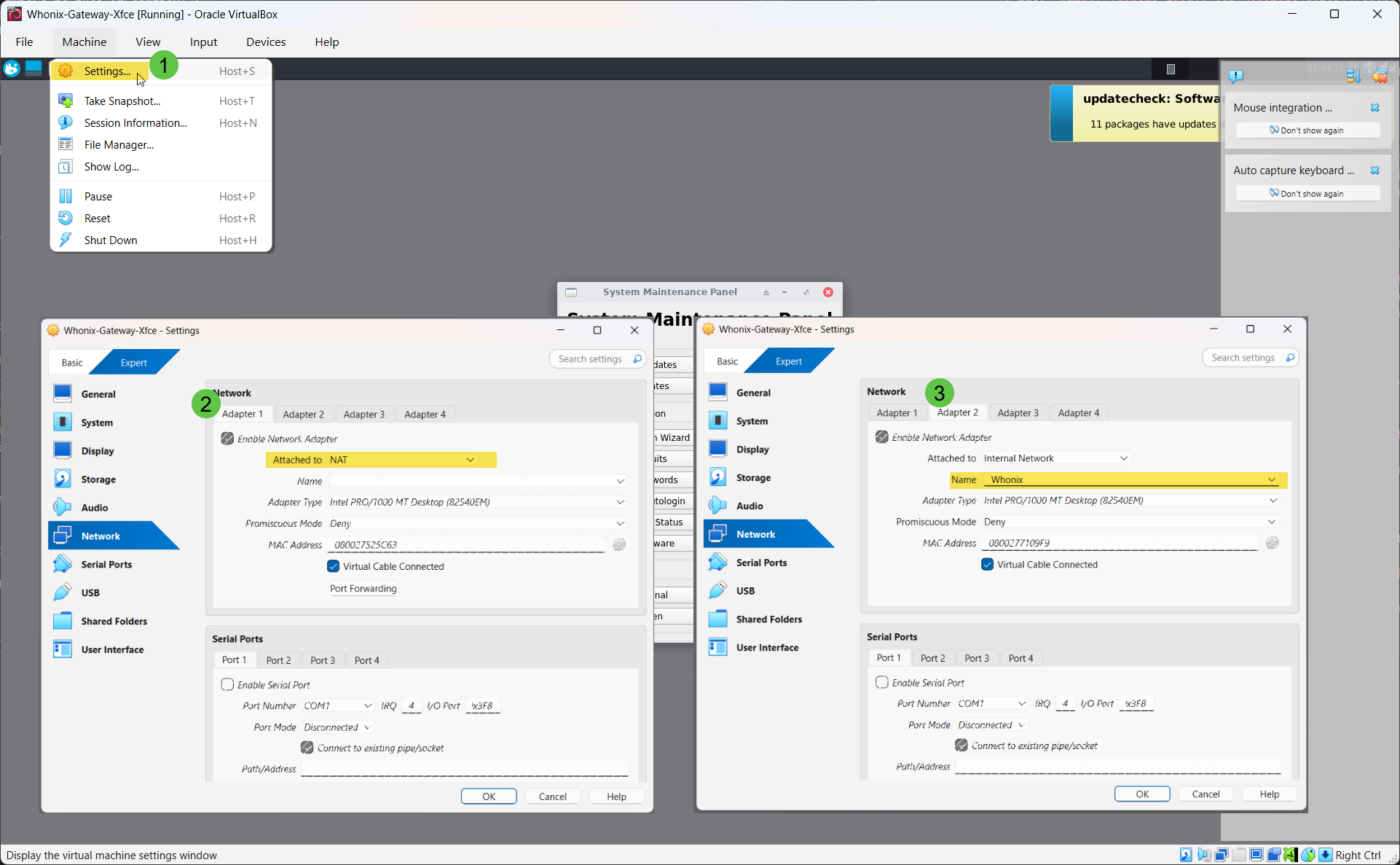Whonix Gateway Network settings showing Adapter 1 = NAT and Adapter 2 = Internal Network (Name: Whonix).