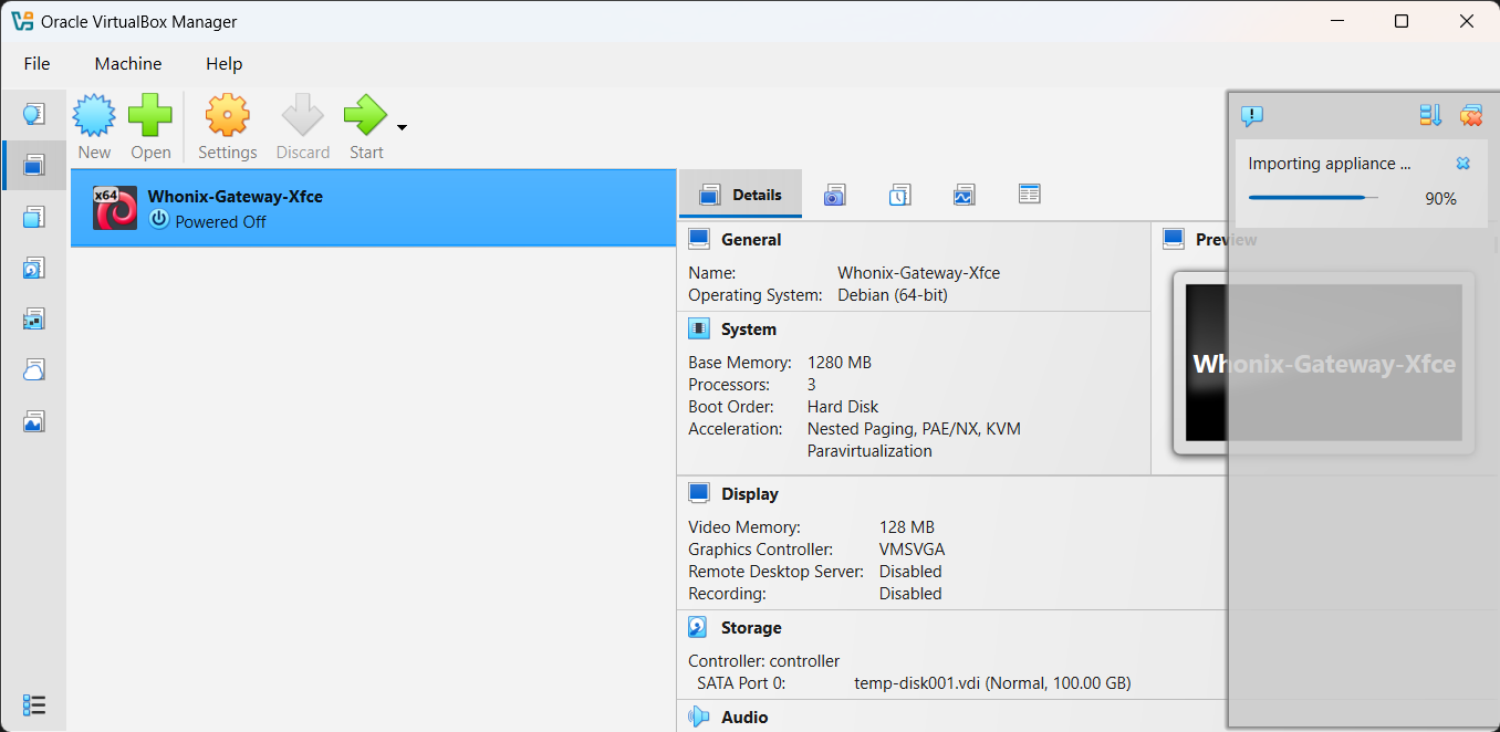 VirtualBox Import dialog for Whonix Gateway OVA file — caption: 'Import the Whonix Gateway OVA into VirtualBox.'